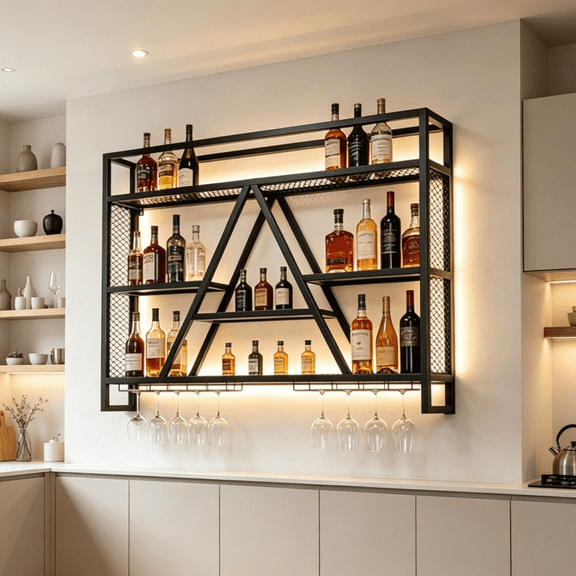 Wall Mounted Metal Wine Rack Bar Shelf with LED Strip Light, Industrial Black Liquor Bottle Display Rack with Wine Glass Holder, Wall Wine Storage Cabinet for Kitchen, Home Bar, Dining Room Decor
