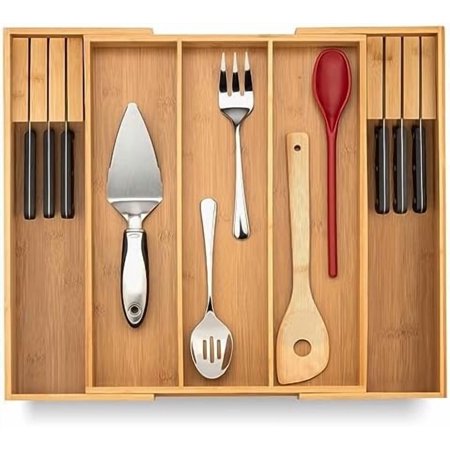 Kitchen Drawer Organizer with Knife Blocks - Utensil Drawer Organizer for Kitchen Cutlery Tray & Silverware Organizer 3-5 Slots - Bamboo Organizer for Utensils & Flatware (Natural)