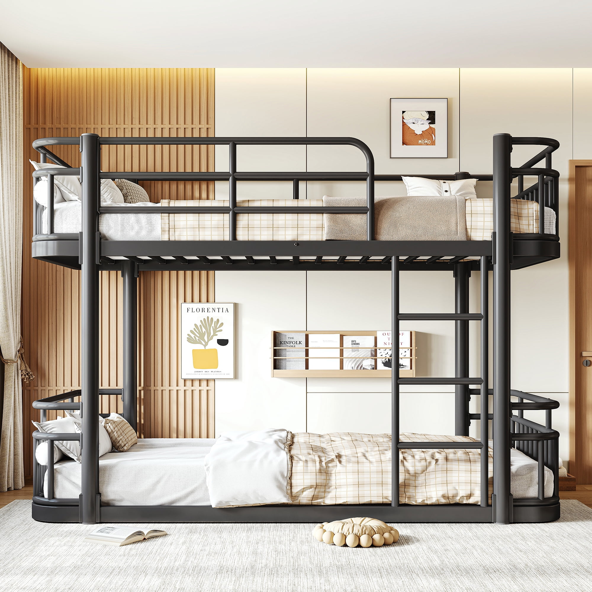 Leumius Twin over Twin Bunk Bed Frame with Ladders & Guardrails, Upgraded Round-Pipe Metal Frame, Stylish & Versatile for Any Room,Black