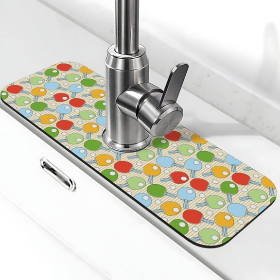 Logiee Colorful Ping Pong Rackets1 Print Kitchen Sink Splash Guard Faucet Mat for Splash Guard Behind Faucet Drip Catcher for Kitchen,Bathroom,Sink Mat,Dish Drying Mat,Bathroom-15" X 5.5"