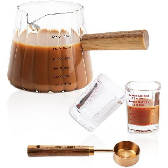 3 Pcs Espresso Shot Glass with 15ml Coffee Measuring Spoon, Espresso Shot Cups with Wood Handle, Single Spout Glass Measuring Cup with Dual Scale, Liquid Heavy Glass for Coffee Milk (6.0oz, 2oz)