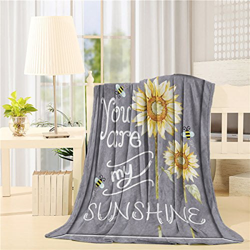 Flannel Fleece Blanket Full Size Yellow Sunflowers Blue Blanket,All-Season Plush Blanket for Couch Bed Travelling Camping Or Kids Adults 50X40 