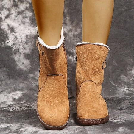 

TALKVE Round Head Car Stitching Snow Boots Belt Buckle Side Zipper Winter Women Boots