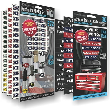 Steellabels - Combo Deal - Adhesive Toolbox Labels plus our best Master Set of Socket Labels - blue series - for Metric, Torx & SAE tools, fits all Craftsman, Snap On and Tool (Not Our Deal Best Coast)