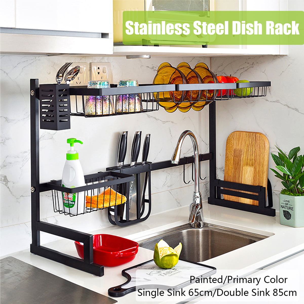 65/85CM Kitchen Over Sink Dish Drying Rack Stainless Steel Cutlery Holde 