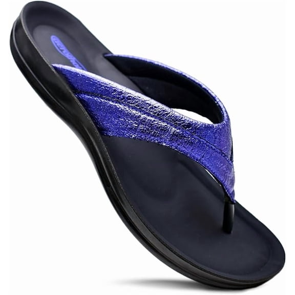 AEROTHOTIC Comfortable Arch Support Flat Sandals for Women Comfy Toe Post with Cute Soft Padded Straps Casual Fashion Vacation Essentials Dressy Shower Sandals (Sela Blue, Size 10)
