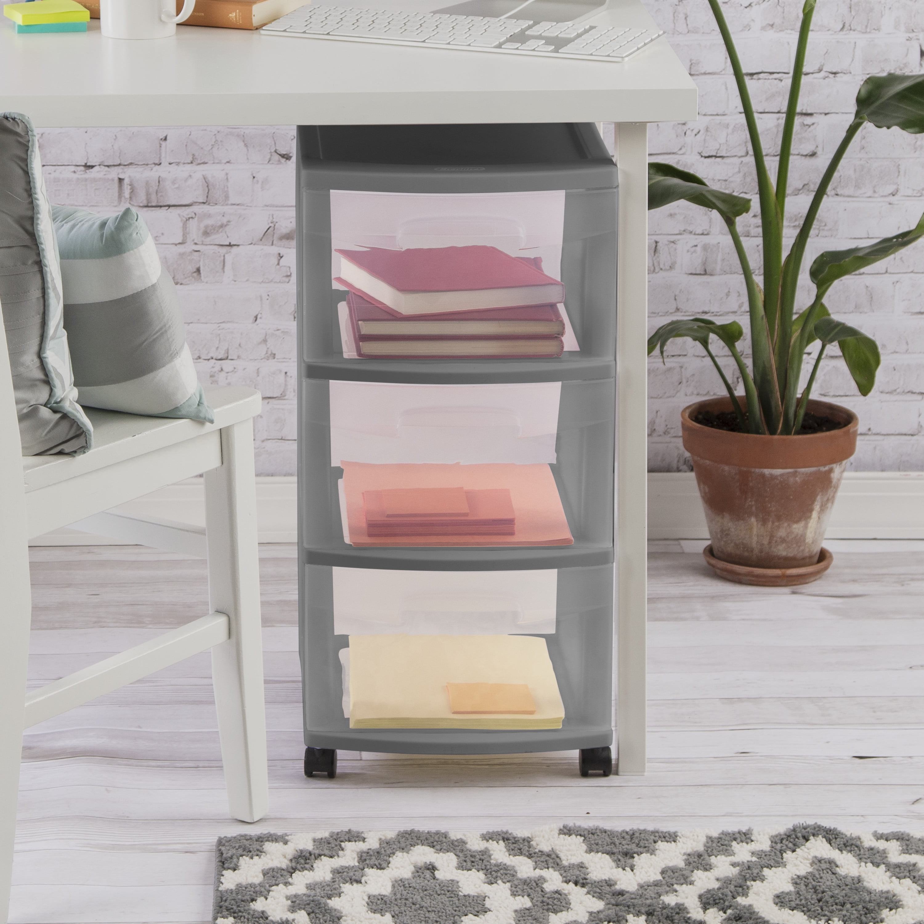 Sterilite 3 Drawer Cart Plastic, Gray Flannel, Set of 2