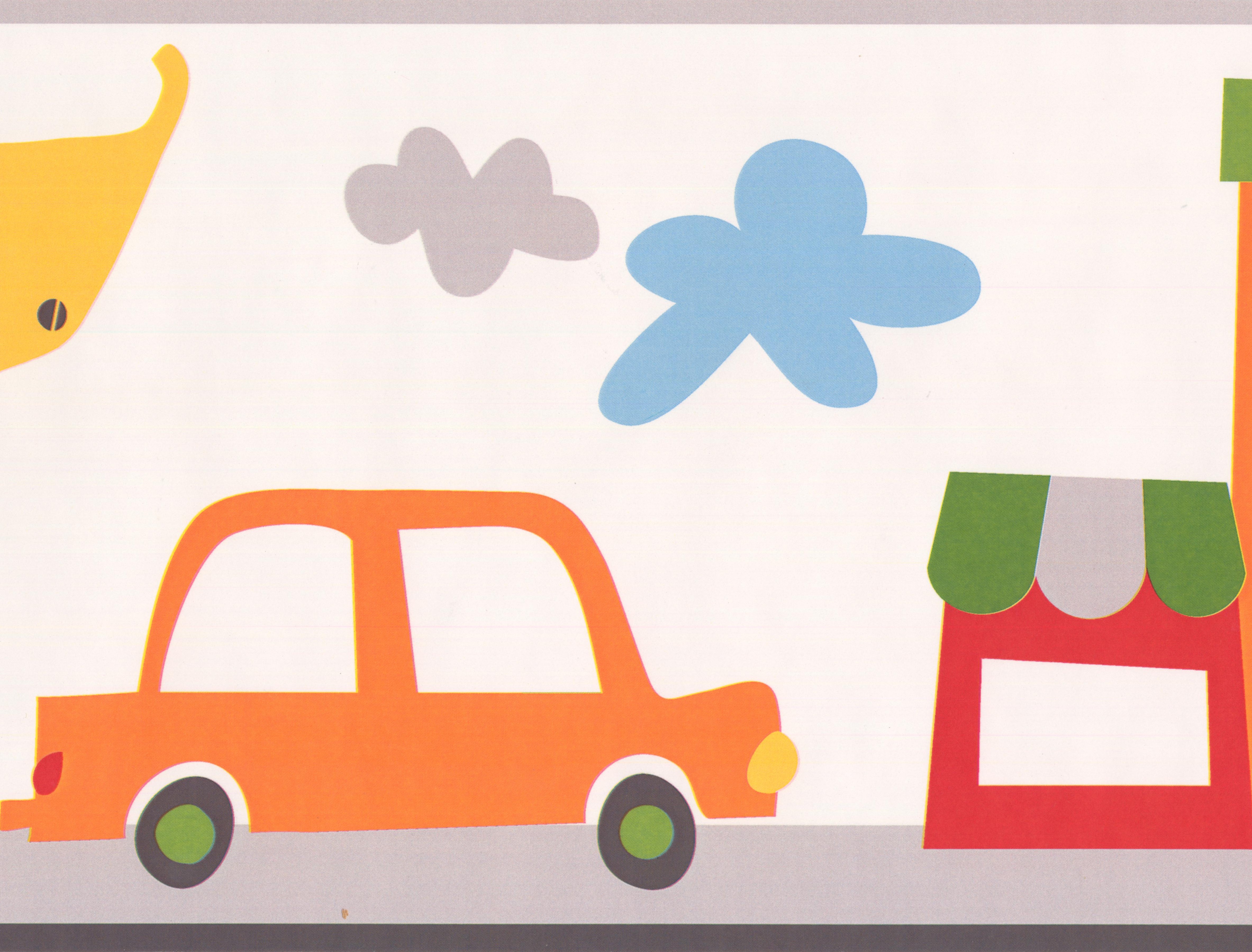 Wallpaper Border Car Buildings Tree Urban View Cartoon White Wall