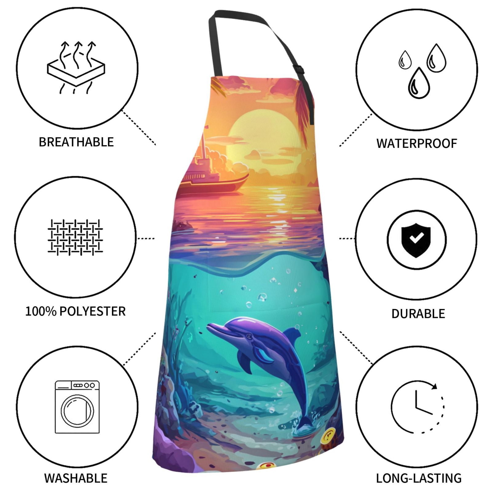 Kdxio Hawaiian Island Dolphin Apron with Pockets Adjustable Kitchen Aprons for Men Women Waterproof Aprons for Cooking,Drawing,Crafting, Baking Household Cleaning