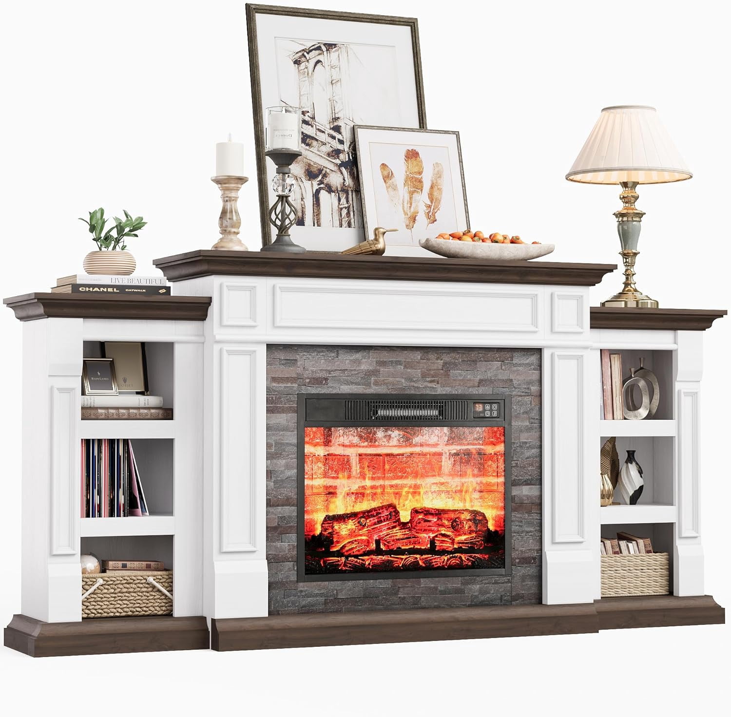 70" Fireplace Mantel with 23" Electric Fireplace and Bookshelves, Wooden Storage Freestanding Heater with Remote Control,Brown