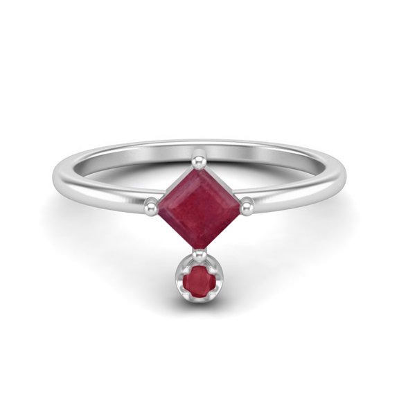 4MM Square Shaped Ruby Glass Filled 925 Sterling Silver Platinum Plated Women Mother's Day Gift Stackable Ring