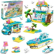 Friends Beach Glamping Building Kit With Camper Van, Beach House, and Boat, Gift for Girls Age 6-12 Years (948 Pieces)
