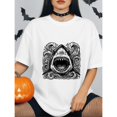 thumbnail image 6 of Men's Ferocious Shark Woodcut Graphic T-Shirt, Cotton Crew Neck Short Sleeve Loose Casual Tee, Retro Ocean Art Printed Shirts, S, 6 of 9