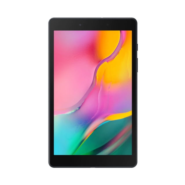 tablet samsung sm-t295 8 pulgadas 4g lte 32gb negro tab a 8.0" 32gb 5100mah battery Vista frontal centrada de la tablet negra con pantalla de 8 pulgadas encendida, biseles simétricos, cámara frontal en el marco superior y botones laterales a la derecha; según especificaciones cubierta trasera metálica con logotipo Samsung, 4G LTE, 32GB interno y 2GB RAM, cámaras 8MP/2MP y batería 5100 mAh; suele usarse para tareas escolares y lectura ligera.