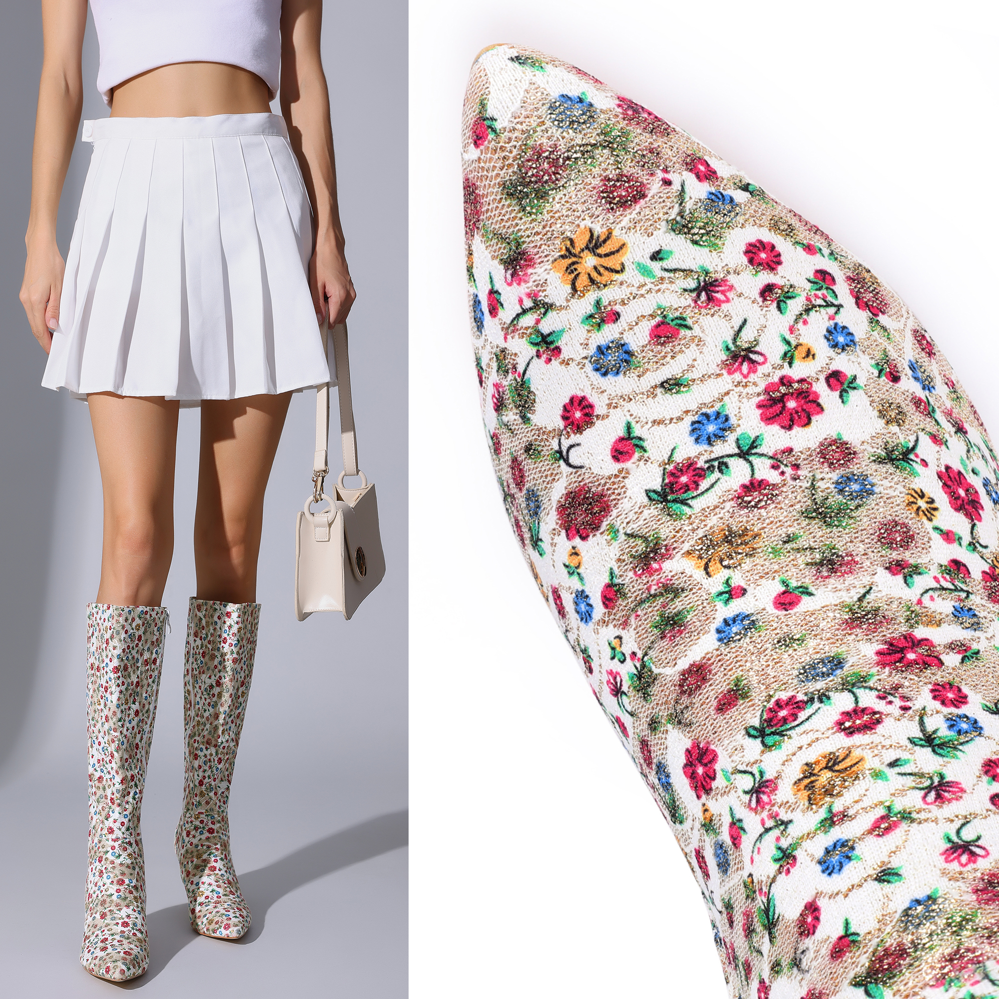 DARING DIVA Women's Stylish Floral Knee High Boot with Stiletto Heel White Floral 8