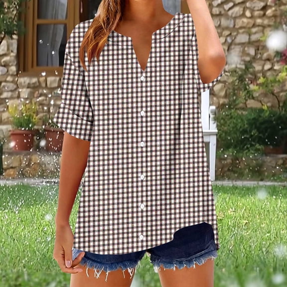 Horkkom Button Down Shirts for Women Spring Summer V Neck Short Sleeve Tops Plaid Print Loose Casual Tops L