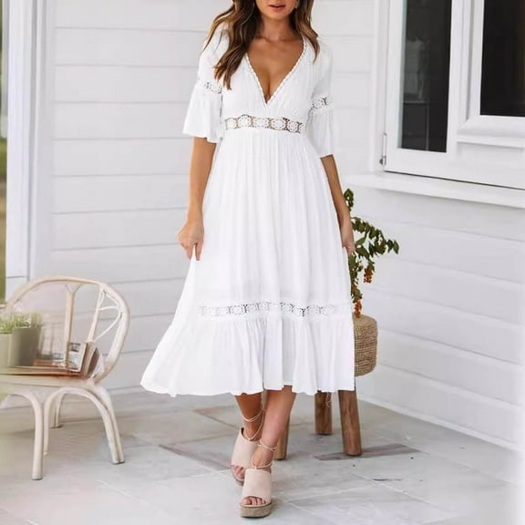 Women Fashion White Deep V Lace Splicing Dress Wedding Party Elegant Dress plus Size Dresses for Women Summer Wrap Dresses Summer Midi Dress for Women Dress Casual Summer Short Sleeve Solid Tie Dress