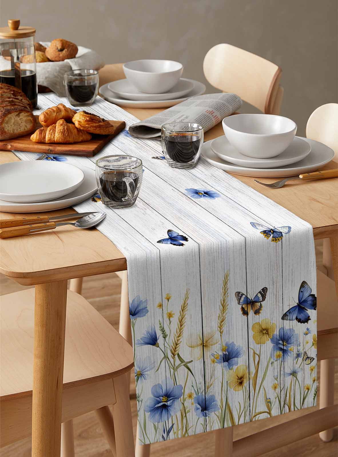 nqOlkjepod Butterflies Flower Table Runner 108 Inches Long Farmhouse Dress Scarves, Country Wood Grain Leaves Farmhouse Dining Tablerunner for Coffee Table/Kitchen Island/Party Décor, 13" x 108"