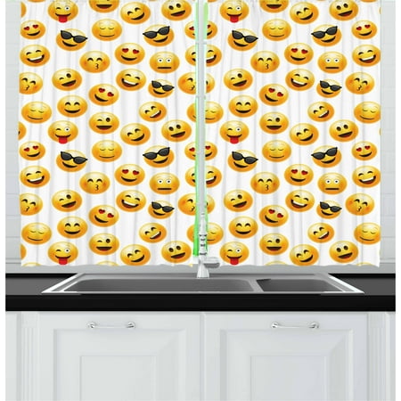 Character Curtain - Emoji Curtains 2 Panels Set, Smiley Face Character Illustration Feeling Happy Surprised Cool and In Love, Window Drapes for Living Room Bedroom, 55W X 39L Inches, Yellow Red Black, by Ambesonne