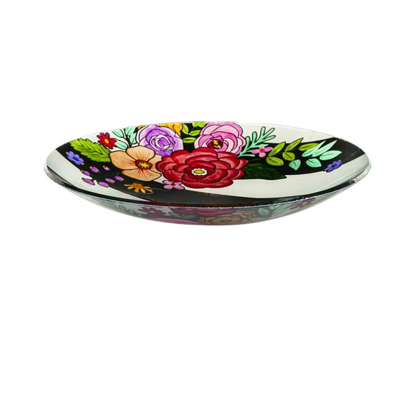 16" Glass Bird Bath with Stand, Striped Florals