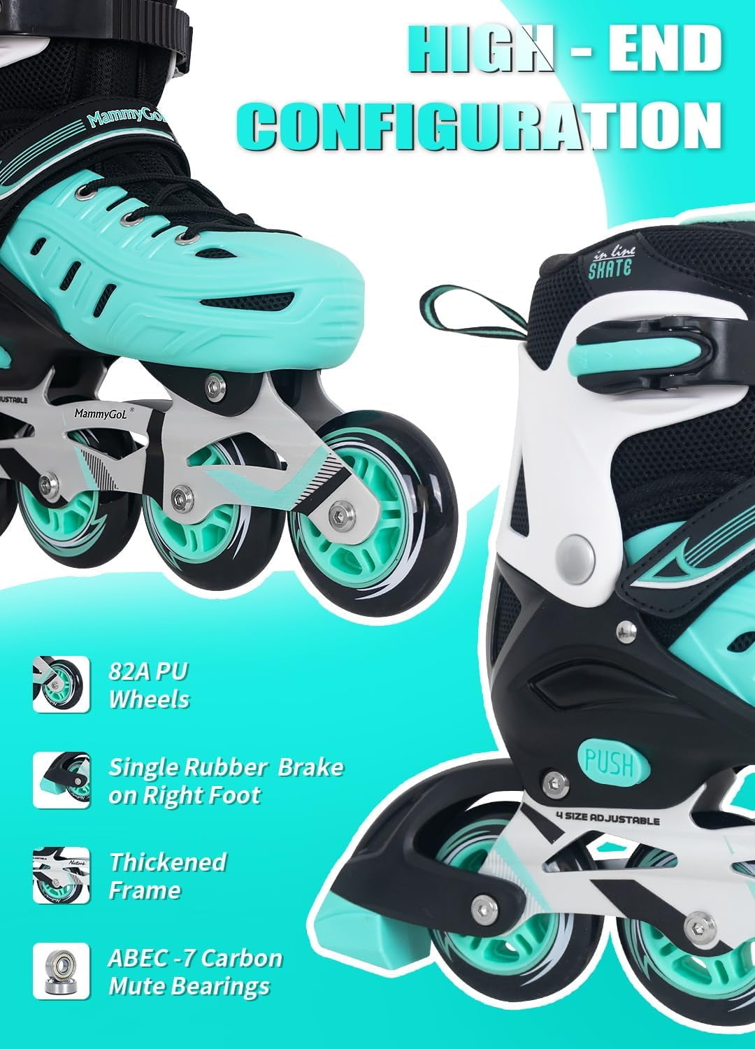 MammyGol Adjustable Inline Skates for Youth & Adults PU Wheels Safety Brake Teal (Teen Boys, Girls, Beginner-Friendly)