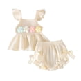 thumbnail image 2 of Huanglei Summer Baby Girls Outfit With Puff Sleeve Floral Top And Bow Tailored Shorts For Cute Everyday Wear Solid Color Outfits Set ,6-12 Months ,Beige, 2 of 5