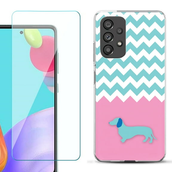 Slim-Fit Fashion Phone Case for Samsung Galaxy A53 5G, with Tempered Glass Screen Protector, by OneToughShield ® - Chevron/Dachshund/Puppy