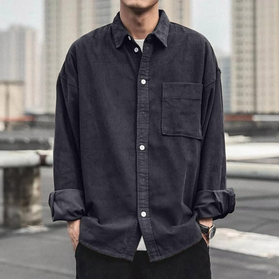Tawop Thermal Shirts for Men Corduroy Vintage Fleece Casual Long Sleeve Shirts Pocket Button-Up Shirts ,Size L