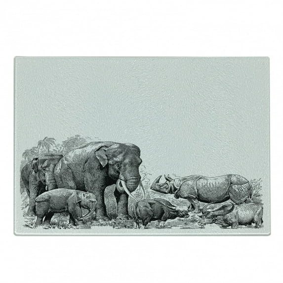 Animal Cutting Board, s Image Wild Safari Animals Vintage Style Print Monochromatic Details, Decorative Tempered Glass Cutting and Serving Board, Small Size, White and Black, by Ambesonne