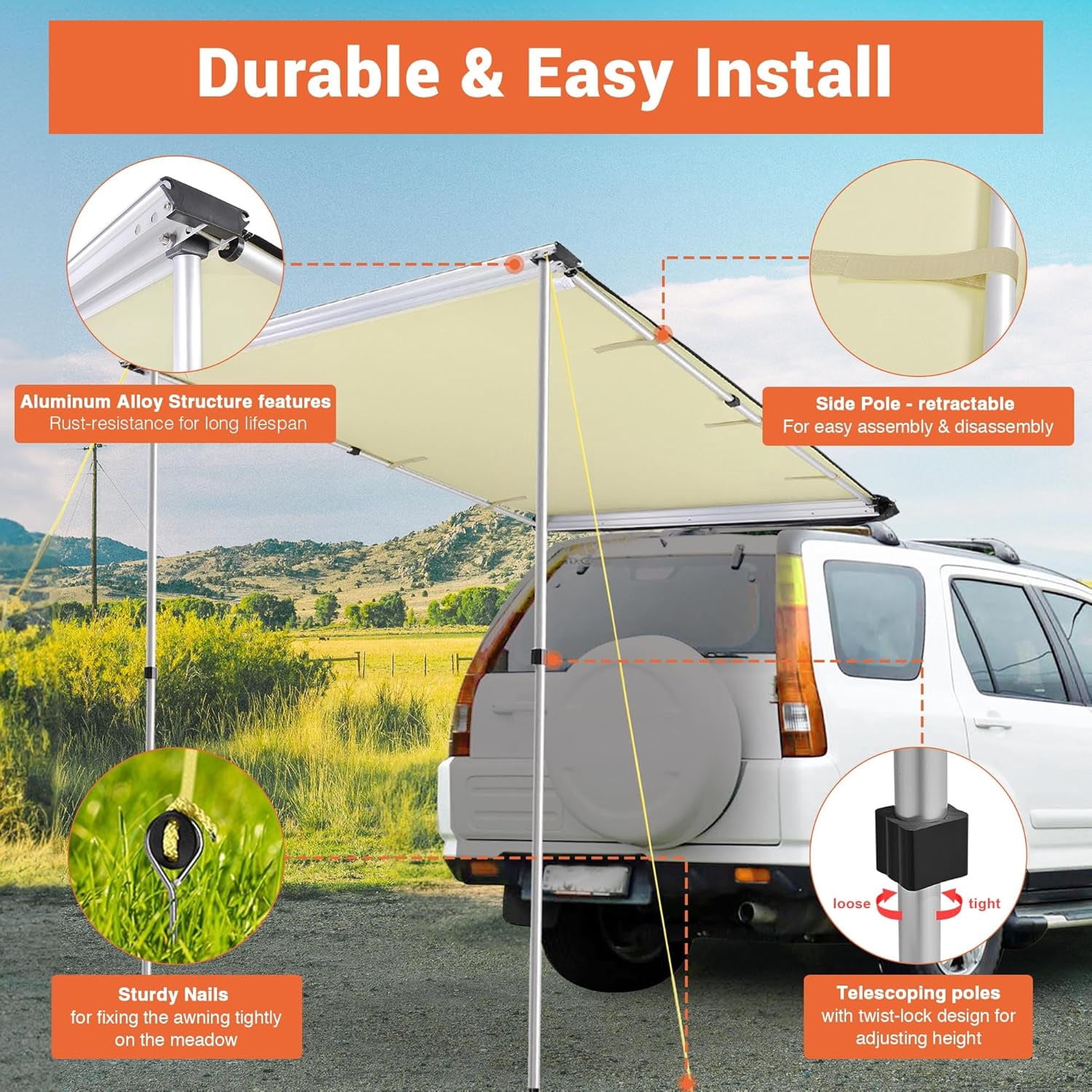 Yescom 4.6x6.8Ft Car Side Awning PU2000mm UV50+, Beige