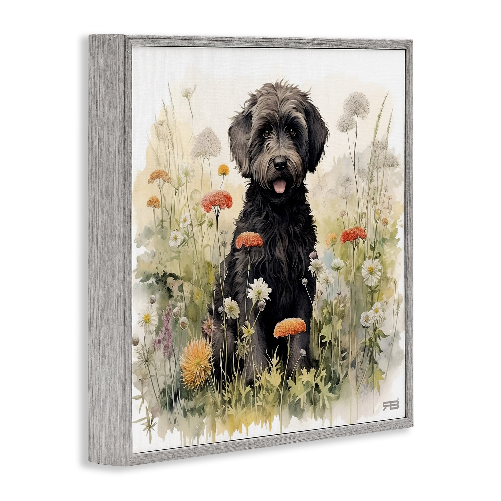 Stupell Industries Black Terrier in Meadow Animals & Insects Painting Gray Framed Art Print Wall Art, 17 x 17