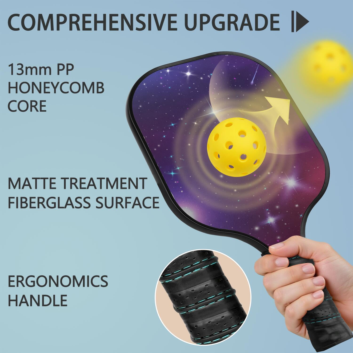 Pickleball Paddles Set Of 1, Fiberglass Surface, Galaxy, Universe, Starry Sky Print, 1 Paddle, 2 Balls & Bag
