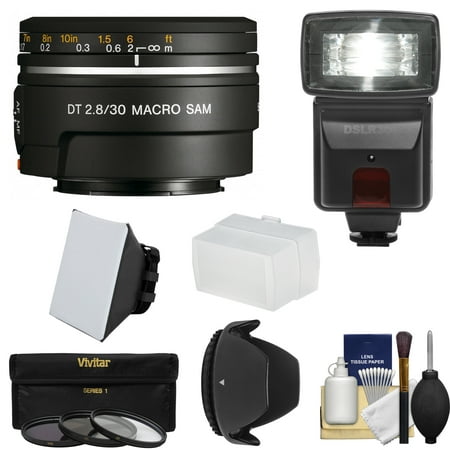 Sony Alpha A-Mount 30mm f/2.8 DT Macro SAM Lens with Flash + 3 Filters + Diffusers + Hood + Kit for A37, A58, A65, A68, A77 II, A99