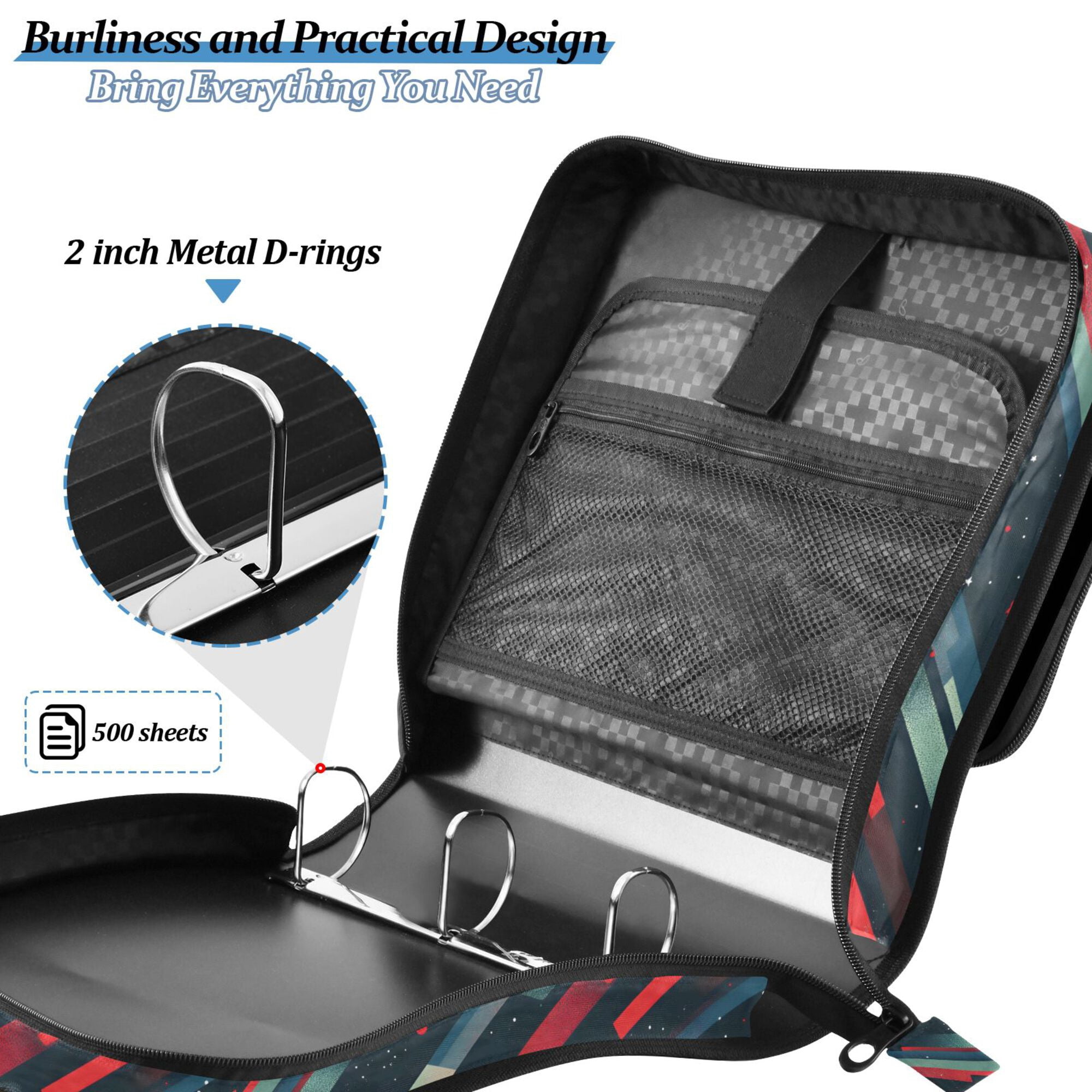 FORMRS Zipper Binder with Shoulder Strap 2-inch Ring 500 Sheet Capacity File Bag, Stars Abstract Lines