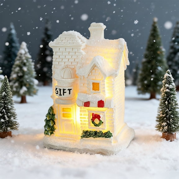olkpmnmk Lighted Resin Christmas Village Houses Figurines, Snow‑Covered White Mini Cottage with Warm LED Light, Light Up Christmas House for Winter X‑mas Scene Layout, Home Shelf Holiday Decoration