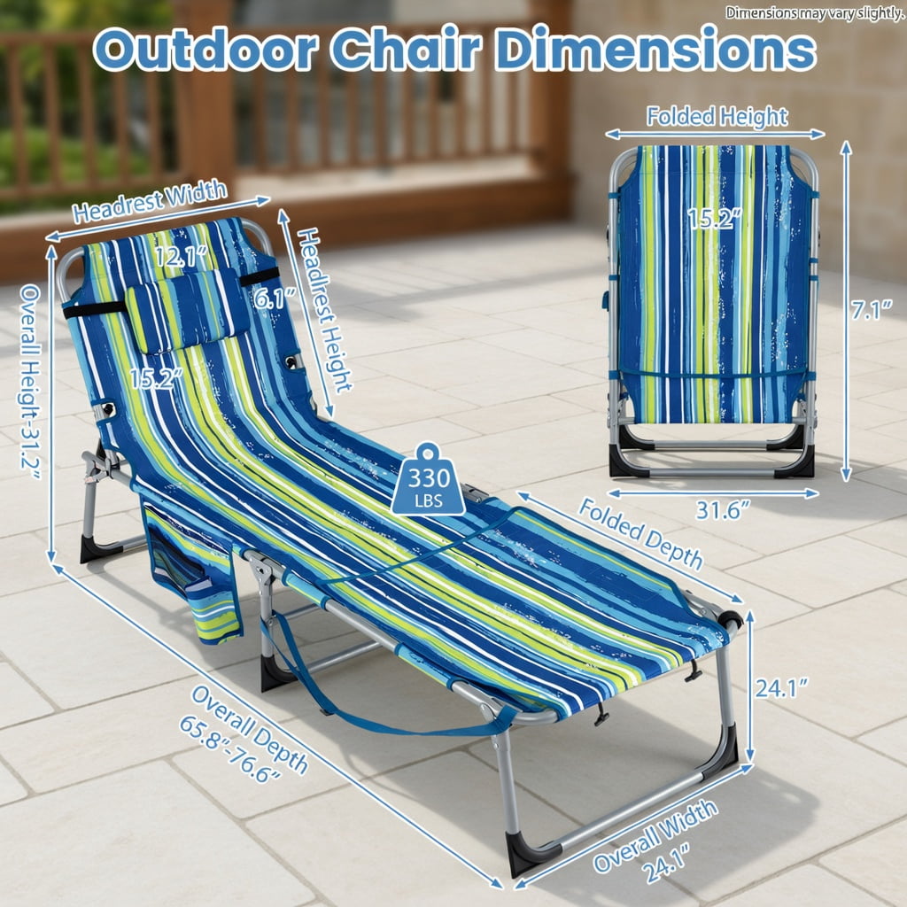 Hommoo Portable Folding Tanning Chair with Face Hole & Adjustable Backrest, Lightweight Sunbathing Lounger for Beach, Pool, Backyard, Blue & Green
