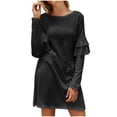 thumbnail image 1 of Robes Décontractées pour Femmes Col Rond à Volants Manches Longues Robe Couleur Unie Ample Confortable Automne Robe Mini, 1 of 7