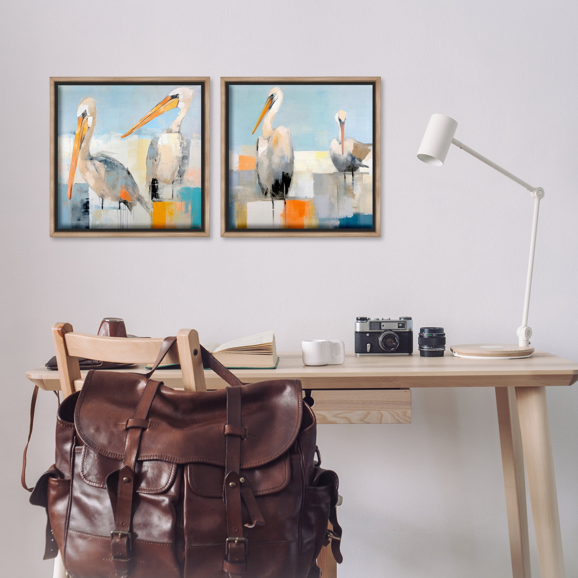 Stupell Industries Abstract Color Block Pelican Pair Animals Painting Brown Floater Framed Canvas Art Print Wall Art, 18 x 18, Set of 2