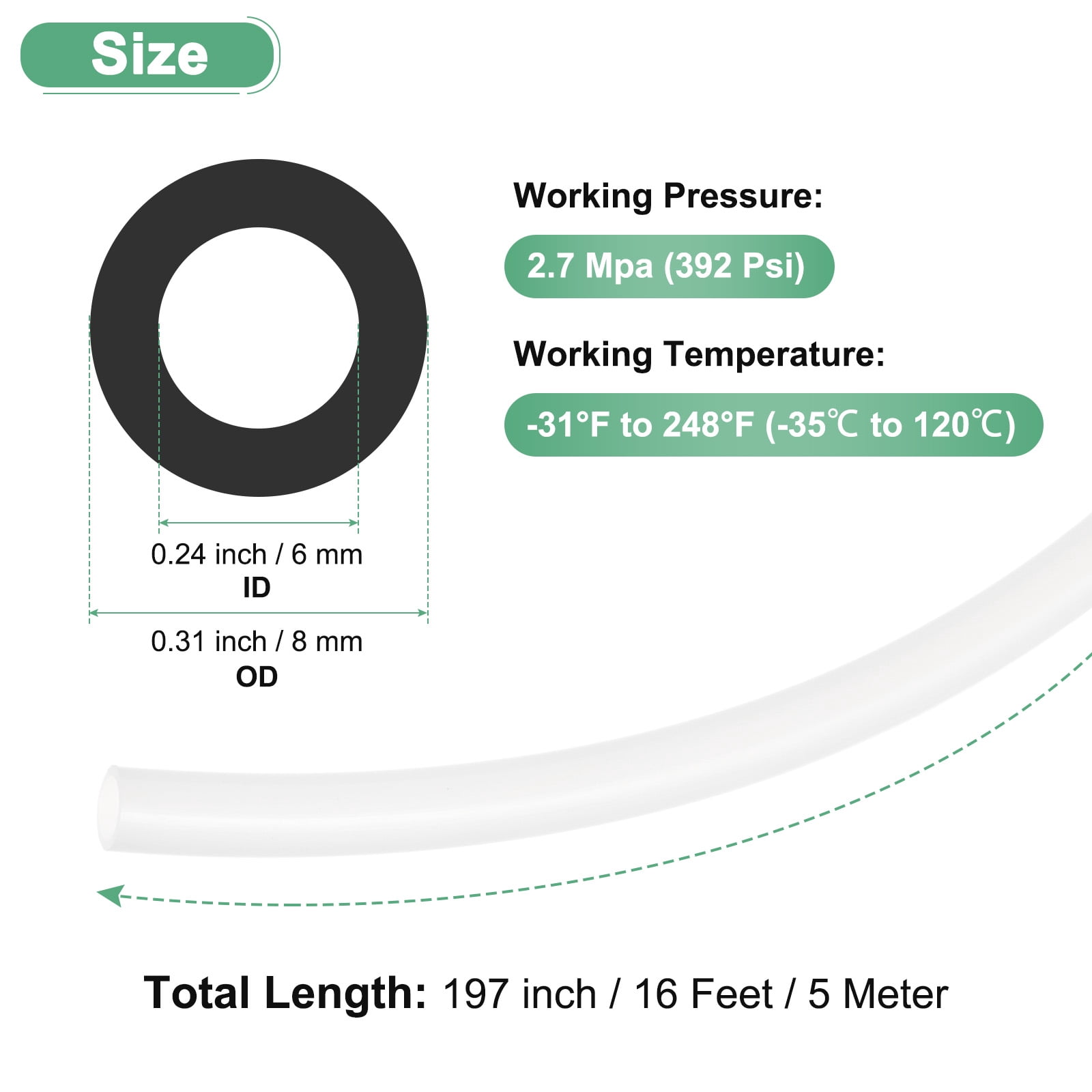 Uxcell Nylon Line Hose Tube, 0.24"(6mm) ID x 0.31"(8mm) OD PA6 Pneumatic Air Line Tubing for Fluid Transfer [5M/16FT, Translucent]