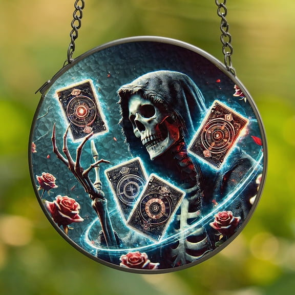 Lotusprinthandmade Floral Skull Horror Halloween Stained Glass Suncatcher for Window Hanging Cir4in, floral skull stained glass suncatcher, skeleton with floral window hanging