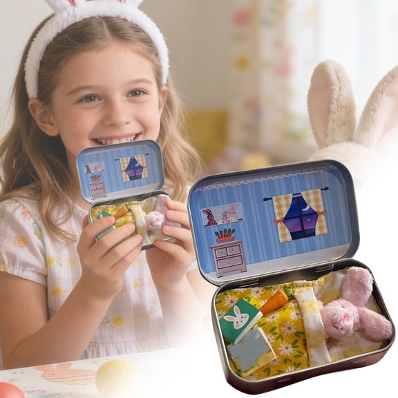 Little Pocket Bunny Plush Toy in Tin Box,Easter Basket Stuffer,DIY Pet Adoption,Travel Buddy,Cute Mini Rabbit 6cm x 9cm