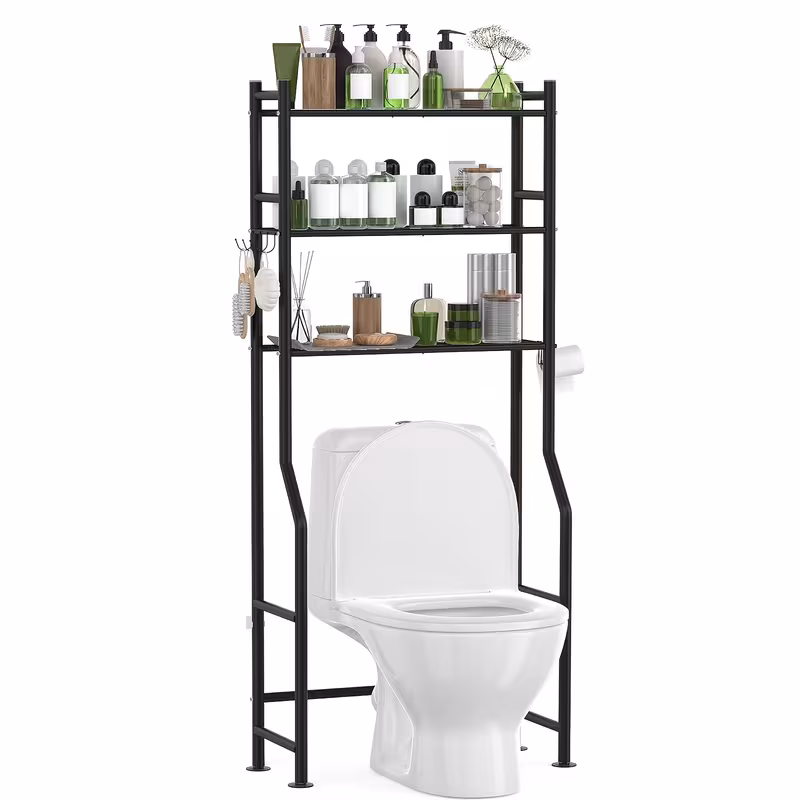 Over The Toilet Storage Rack 3 Tier Carbon Steel Bathroom Organizer Freestanding Space Saving Shelf with Toilet Paper Holder and 4 Hooks 64 Inch Tall Black
