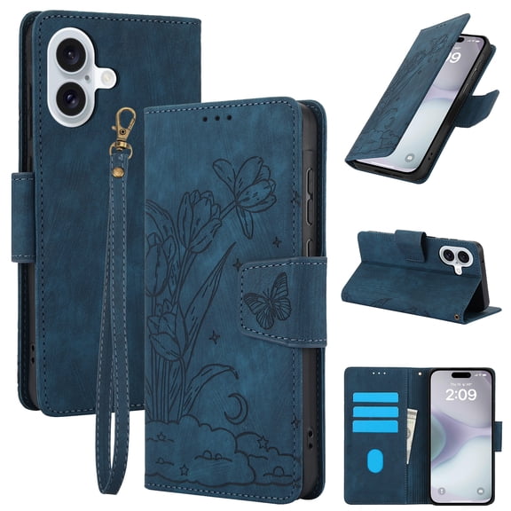 For iPhone 16 Wallet Case for Women, with RFID Blocking Card Slots, Kickstand ,Floral Butterfly Embossing PU Leather Wallet Shockproof Anti-fall Phone Case With Strap,Blue