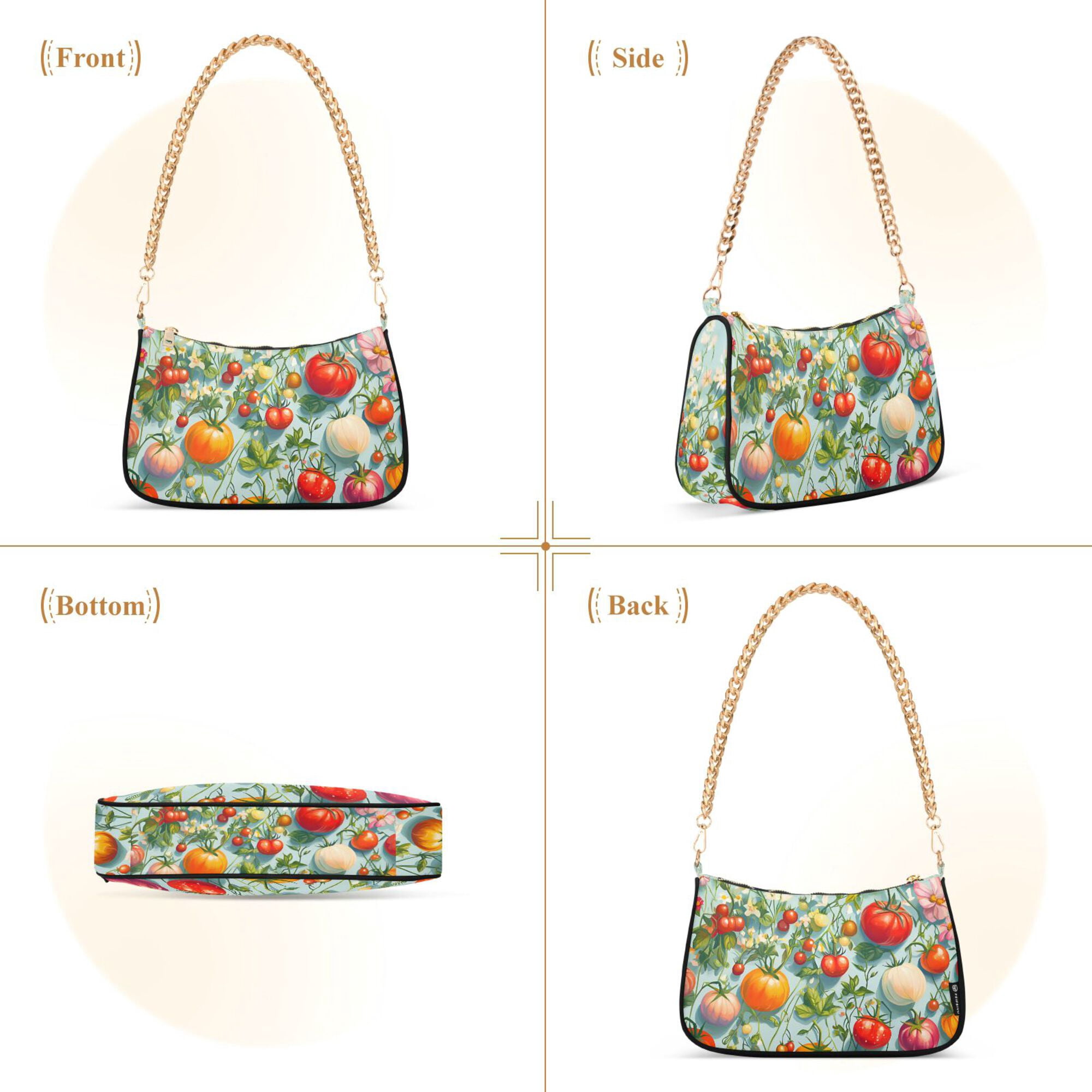 FORMRS Womens Shoulder Bag with Chain Strap Clutch Purse Cute Tote Handbag, Green Floral Tomatoes
