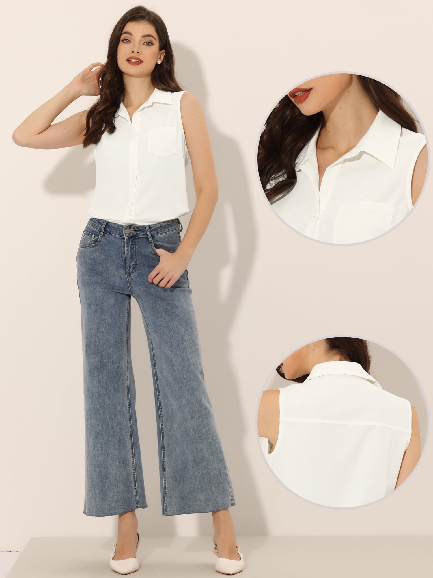 DARING DIVA Sleeveless Lapel Chambray Tunic Denim Shirt S White