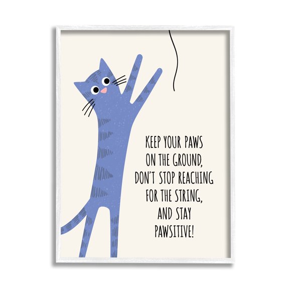 Stupell Industries Stay Pawsitive Cartoon Cat Playing Positivity Sentiment Graphic Art White Framed Art Print Wall Art, Design by Jennifer Wambach