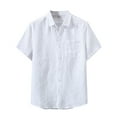 thumbnail image 1 of T-Shirt Homme Manches Courtes Lin Décontracté Coton Col Rabattu Demi-Solide Bouton Chemises Homme Blanc TG, 1 of 1