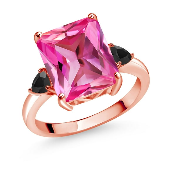 Gem Stone King 6.84 Ct Octagon Pink Created Sapphire Black Onyx 18K Rose Gold Plated Silver Ring (Size 7)