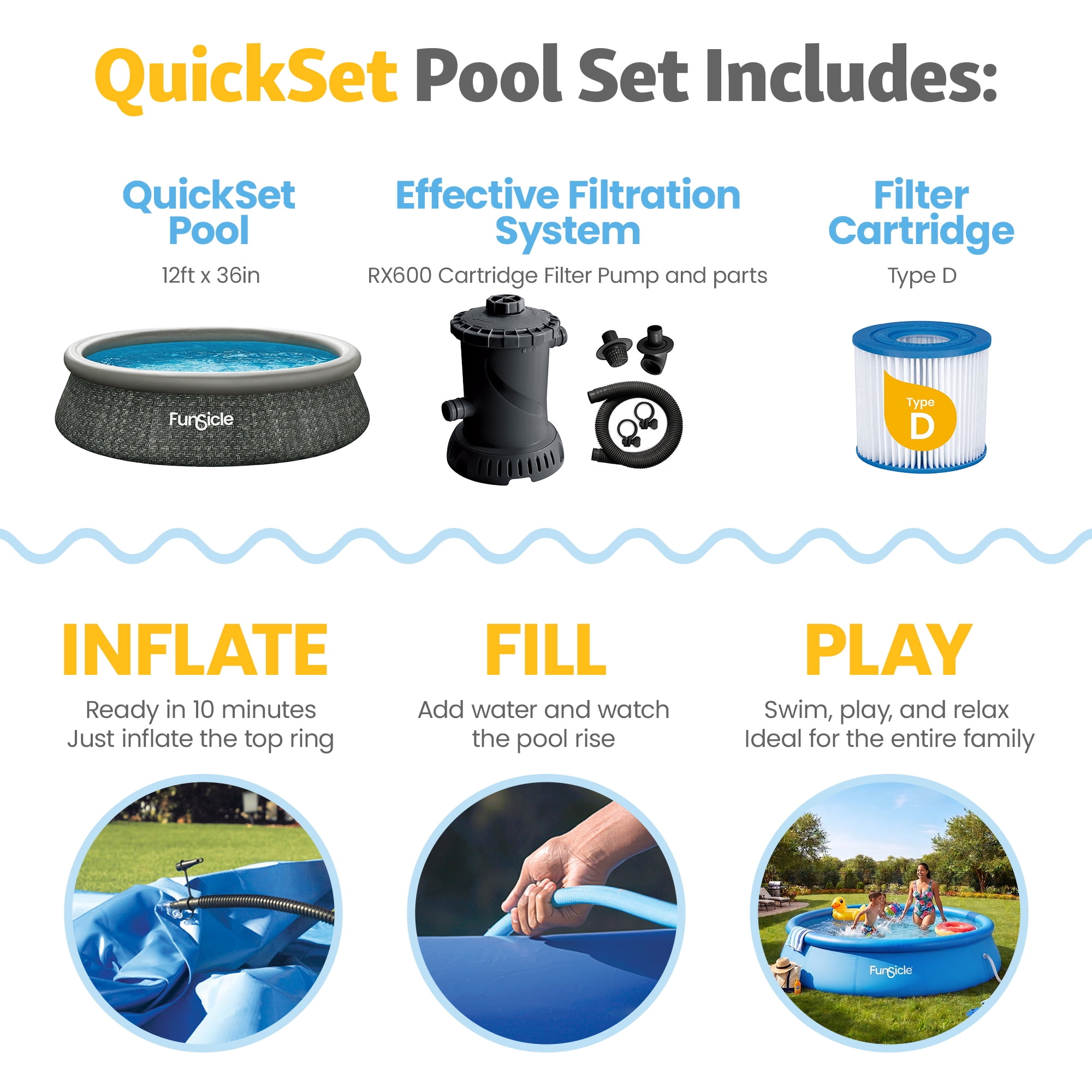 Funsicle 12' x 36" QuickSet Inflatable Ring Top Outdoor Above Ground Pool with Pump
