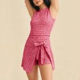 thumbnail image 7 of Women's Sweet Plaid Gingham Sleeveless Jumpsuits Tie Waist Wrap Skirt Overlay Shorts Rompers Summer Beach Vacation Outfits Loungewear Red, 7 of 7